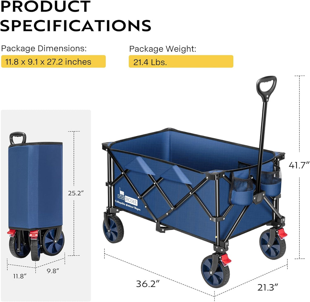 VIVOHOME 200L Collapsible Wagon 300lbs Heavy Duty Folding Utility Garden Cart Foldable Beach Wagons Large Capacity for Camping Picnic - Blue