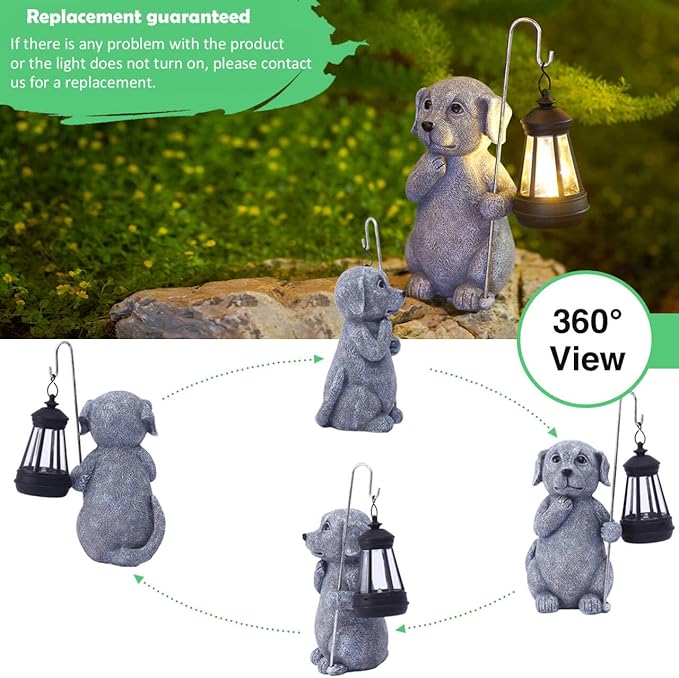 Dog Statue with Solar Lantern - Outdoor Decor Dog Figurines for Garden Lawn Patio Balcony, Outdoor Statues Unique Gifts for Women Moms Grandma