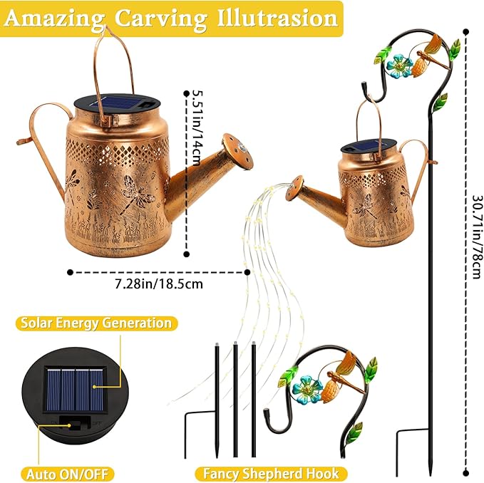 Solar Powered Dragonfly Watering Can Lights Waterproof Outdoor Garden Decor with Shepherd Hook, Hanging Patio Lights for Yard, Porch, Backyard Perfect Gardening & Birthday Gift for Women, Mom, Grandma
