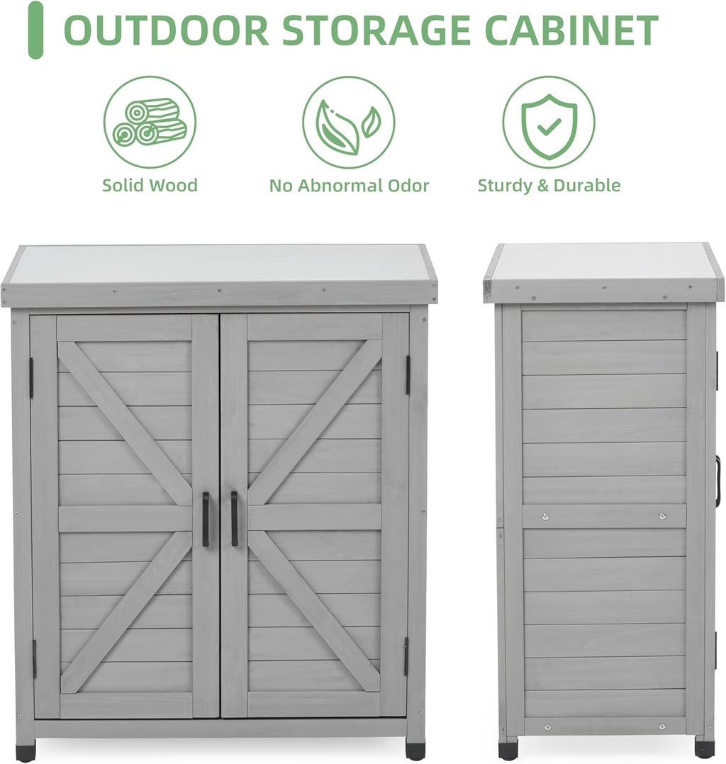 Potting Bench with Storage Cabinet and Metal Table Top for Outdoor Patio, Garden Furniture Wood Workstation