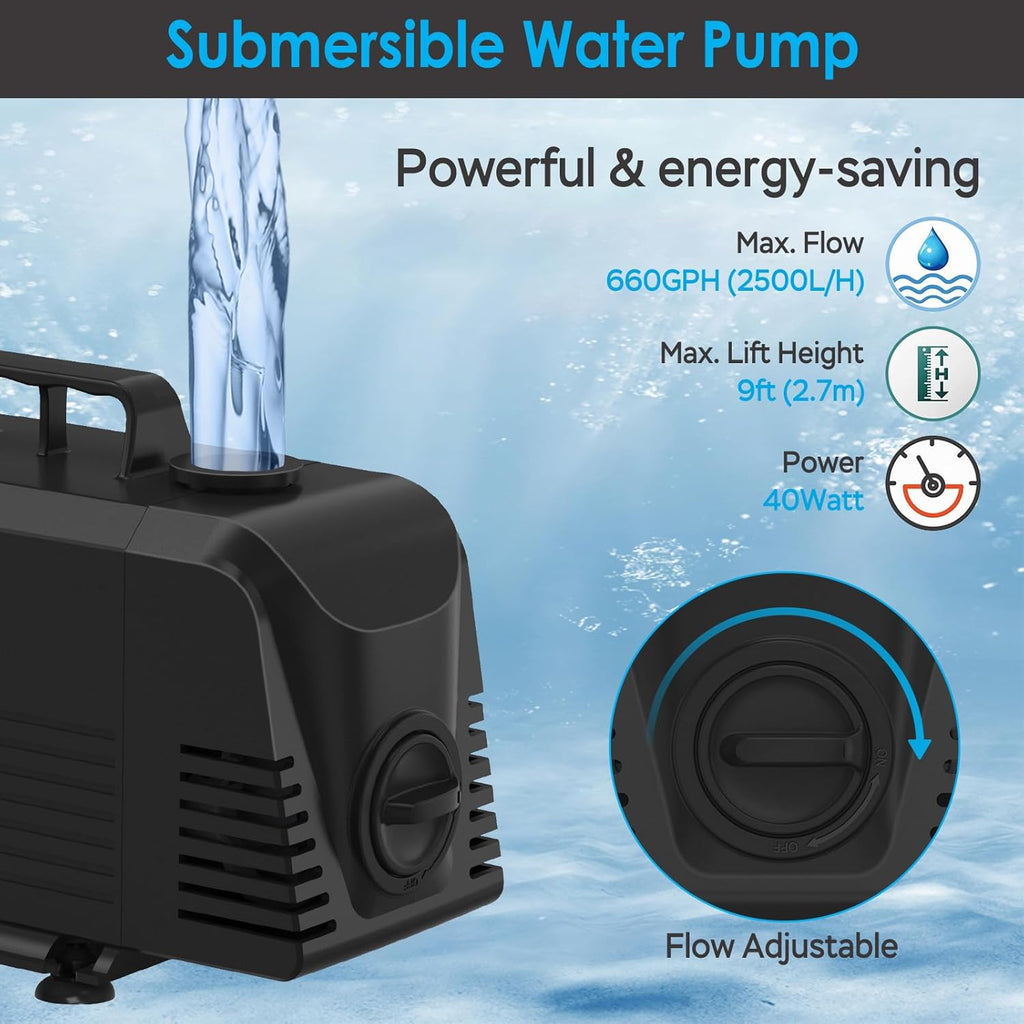 AquaMiracle All-in-1 Pond Waterfall Kit with LED Lights, 8" Stainless Steel Spillway with 660GPH Water Pump, Lighted Waterfall Fountain Outdoor for Water Garden, Backyard, Pool