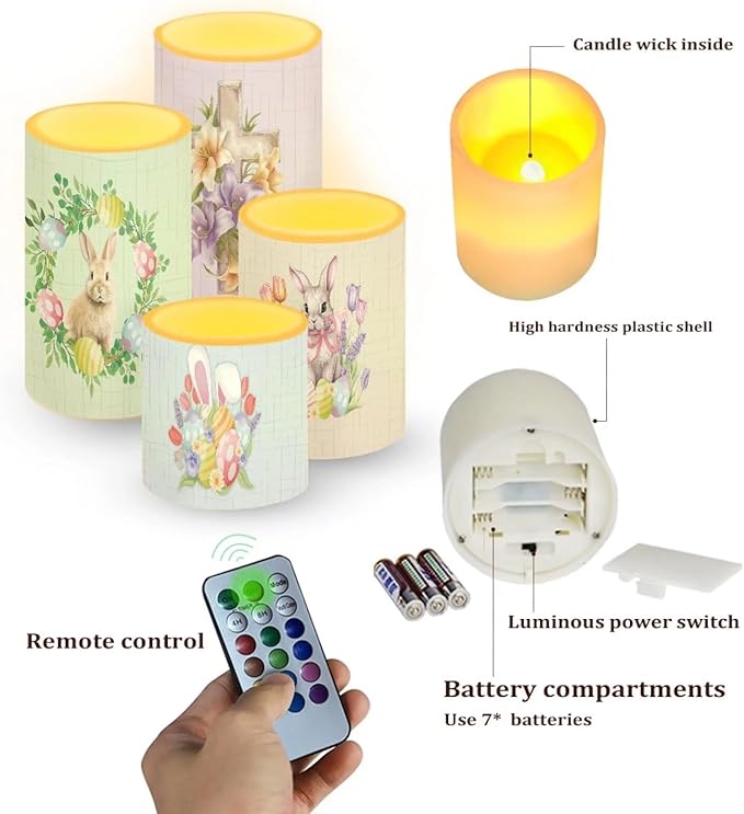 Flameless LED Battery Candles Waterproof Pillar Candles Tealights with 18-Key Timer Remote Colorful Lights for Indoor Outdoor Party Home Easter Decorations, Easter Bunny Egg Floral Retro