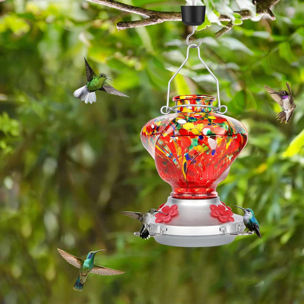 Hummingbird Feeder for Outdoors with Ant Moat, Hummingbird Feeder, Hand Blown Glass, 4 Bee Guard Feeding Ports with Perch, Outdoor Garden Décor, 16OZ, Red, Gifts for Mom Wife Dad Men Women