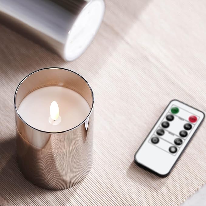Glass Rechargeable Flameless Candles with Remote Timer, Realistic 3D Wick LED Battery Operated Candles with Flickering Flame,Home Decoration for Wedding Birthday Festival(Grey)