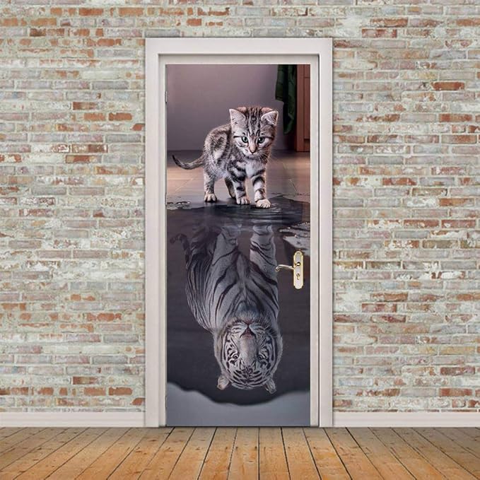 3D Door Stickers Murals Peel and Stick - Cat Becomes Tiger - Door Wallpaper Self-Adhesive Door Decals Removable PVC Waterproof Door Poster for Bedroom Living Room Door 37.4" x 84.6"