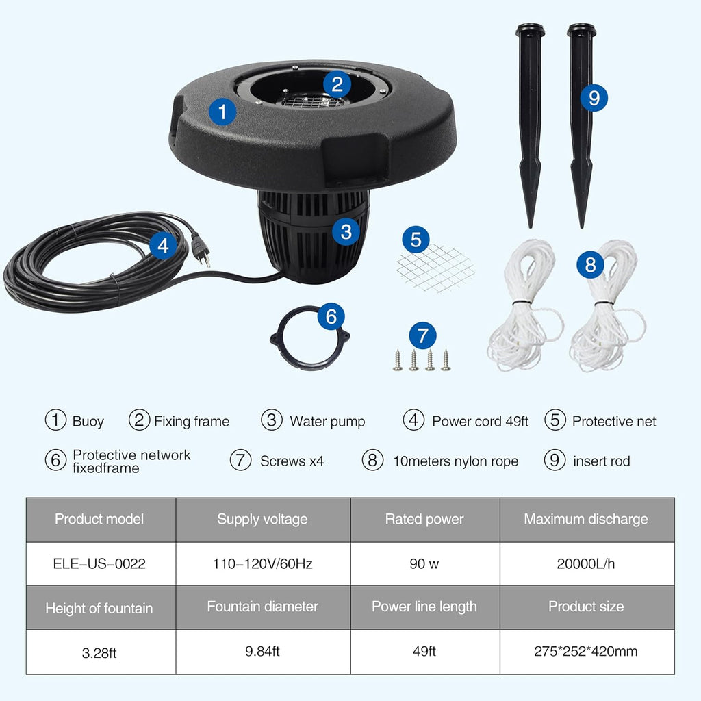 RGB LED Pond Fountain Aerator,with Color-Changing Light Show, 10000 GPH Floating Aerating Pump, 35ft Power Cord, Time Control, Perfect for Ponds & Lakes (NO-RGB)