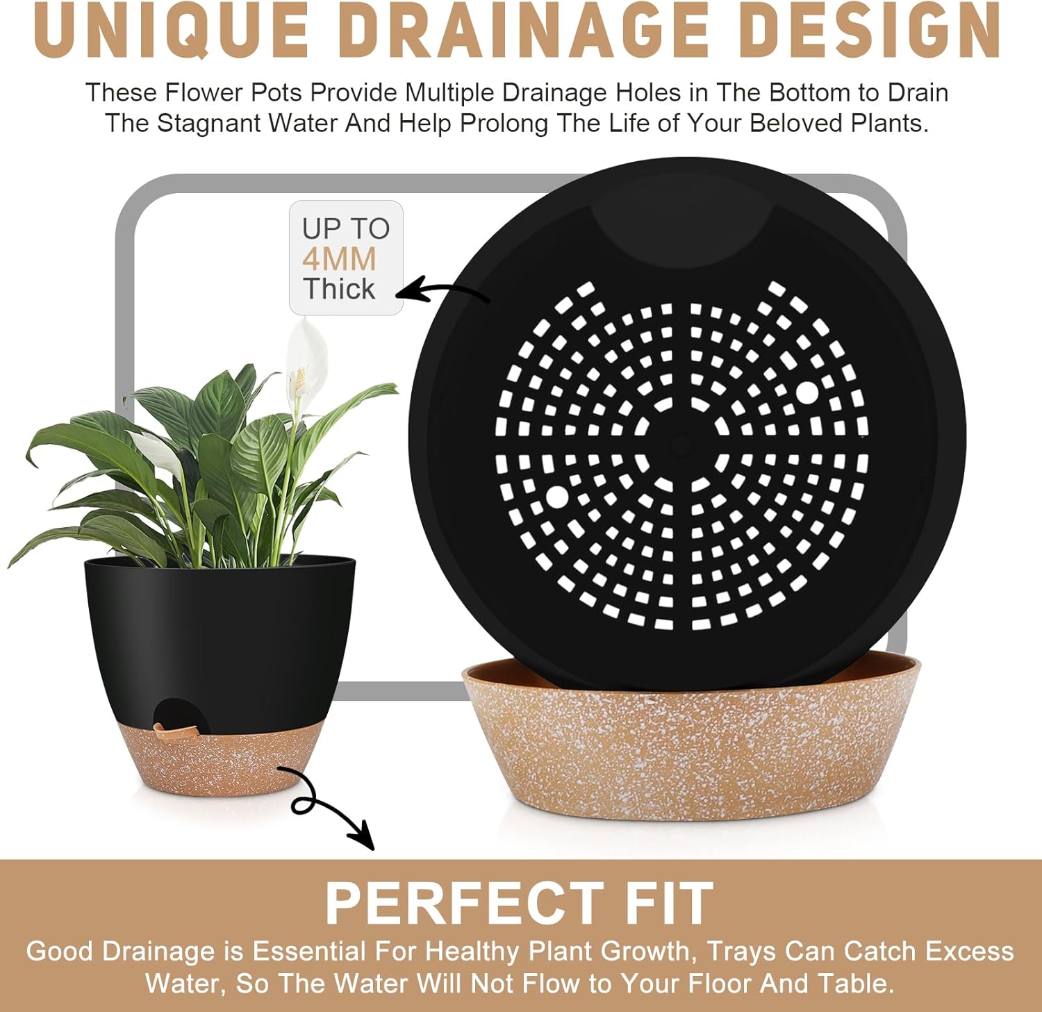 12" 10" 9" Large Self Watering Plant Pots, 3 Pack Flower Pots Planters with Multi Mesh Drainage Holes for Indoor Outdoor Garden Plants and Flowers (Black)