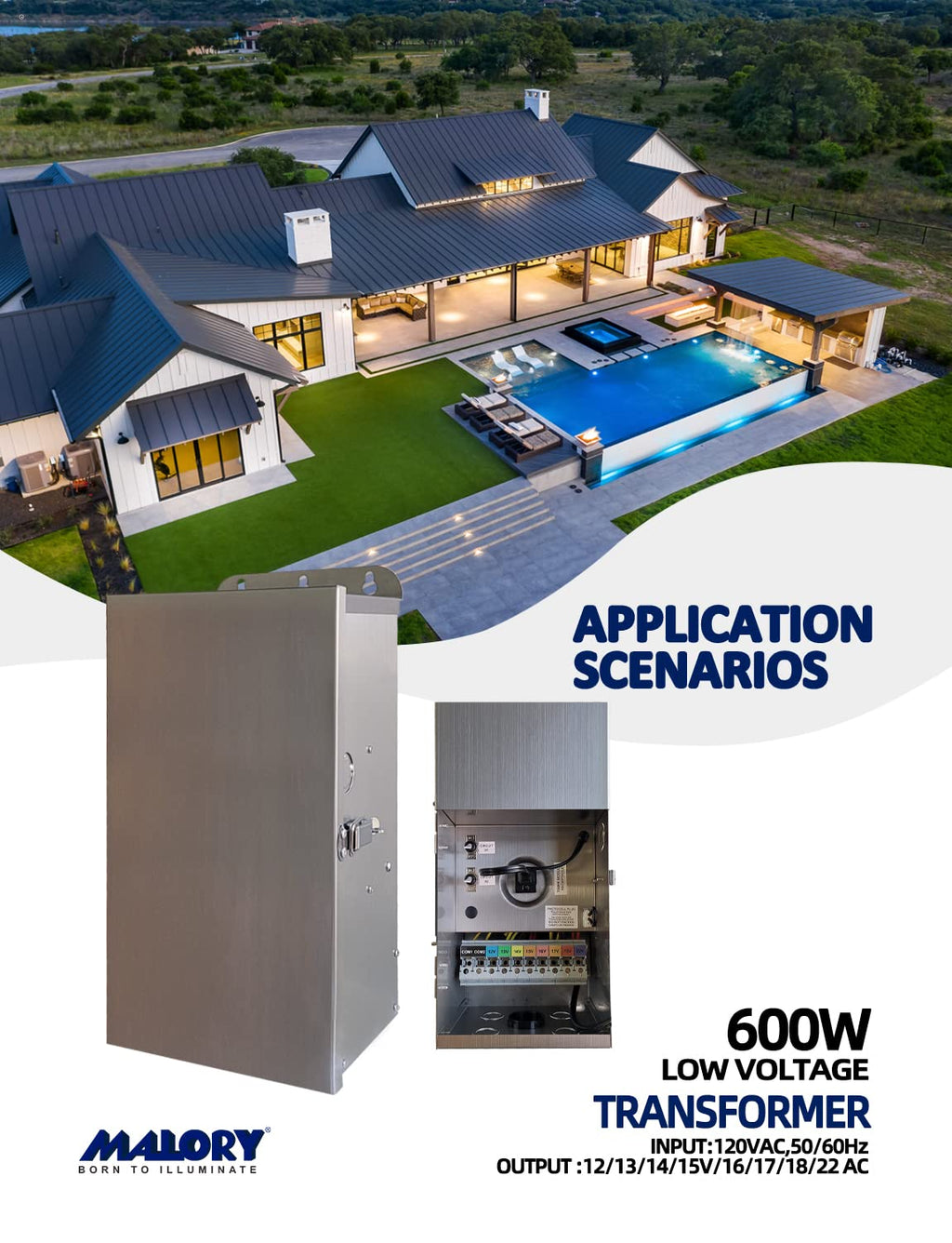 MALORY 600W Low Voltage Transformer with Timer & Photocell for Landscape Lighting,120V AC to 12/13/14/15/16/17/18/22V Multi-Tap Power Supply for Outdoor Landscape Lights,Yard Lights,Garden Lights