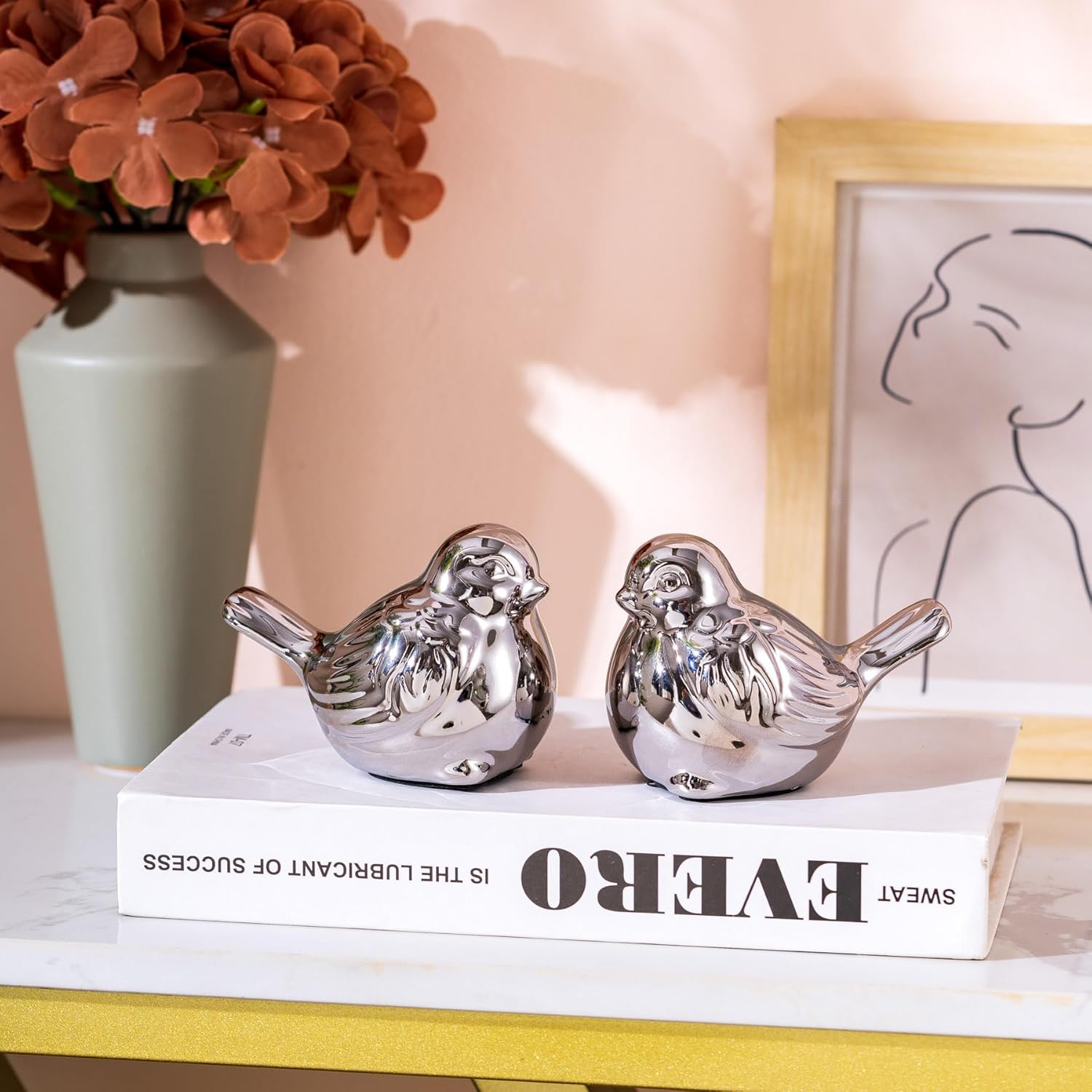 Set of 2 Small Birds Statues Silver Home Decor Modern Boho Style Figurine Decorative Ornaments for Living Room, Bedroom, Office Desktop, Cabinets, Shelf