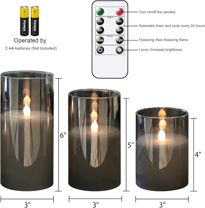 LED Flickering Candles with Remote Timer,Glass Flamless Pillar Candles Real Wax with 3D Wick Realistic,Warmth Decoration for Wedding Home Festival (Grey)