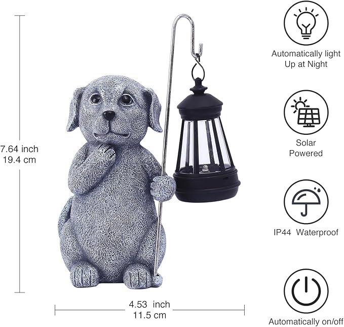 Dog Statue with Solar Lantern - Outdoor Decor Dog Figurines for Garden Lawn Patio Balcony, Outdoor Statues Unique Gifts for Women Moms Grandma