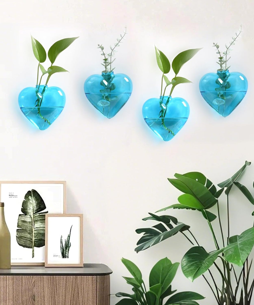 Nacome Wall Hanging Glass Planter Terrarium Plant Propagation Station, 4 Pack Heart Shape Vase for Hydroponic Home Office Garden Decor,Unique Gardening Gifts for Plant Lovers Women Mom(Blue)