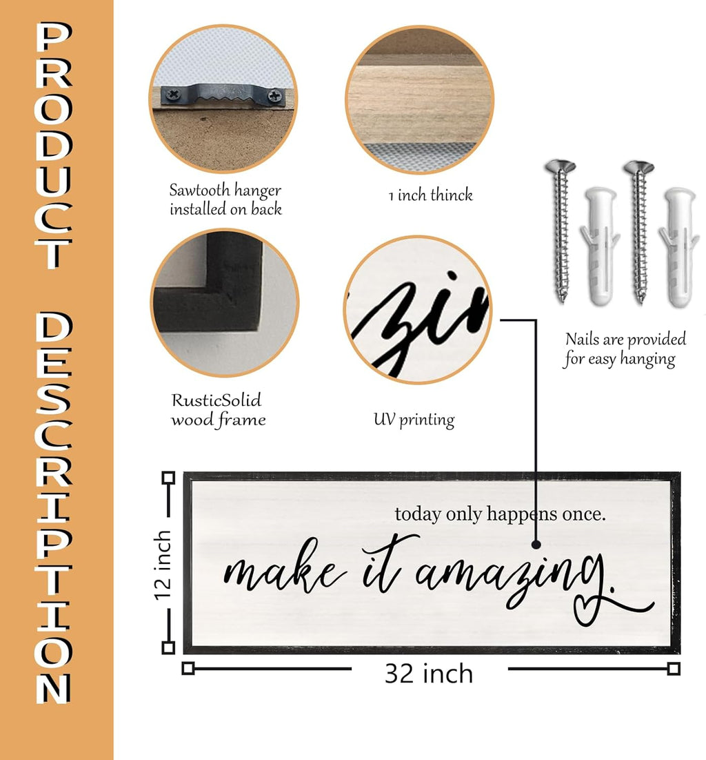 Today Only Happens Once Make It Amazing Wall Art Decor 32x12 Inch Large Inspirational Quote Sign Rustic Living Room Vintage Wood Frame Office Motivational Home Wall Hanging (Black)