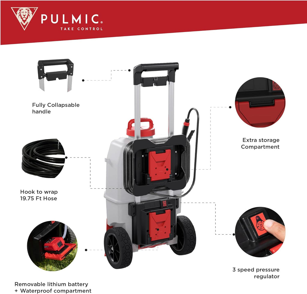 PULMIC Electric Sprayer Pegasus 35. 9.25-Gallon Cart Sprayer. 3 Application Speeds Up to 60 PSI Pressure. 18V Removable Lithium Battery. Up to 7 Hours of Autonomy. 20 ft Hose and Accessories Included