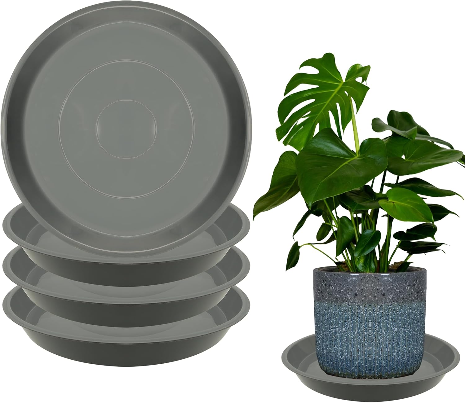 4 Pack 16 Inch Round Plant Saucers for Less 14Inch Pot Indoors Outdoors Plant Trays for Pots Planter Saucer Plastic Plant Drip Tray Flower Planter Water Tray for Potted Plants(Gray, 16"(4pcs))