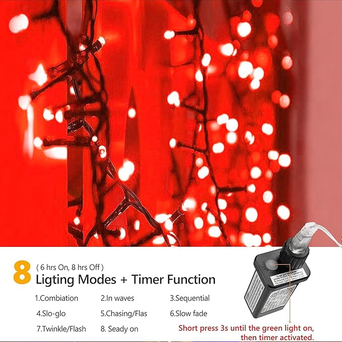 114ft Christmas String Lights Outdoor, 300 LED Christmas Lights Connectable with Timer, 8 Modes Christmas Tree Lights Fairy Twinkle Lights for Garden, Wedding, Indoor Outdoor Xmas Decorations (Red)