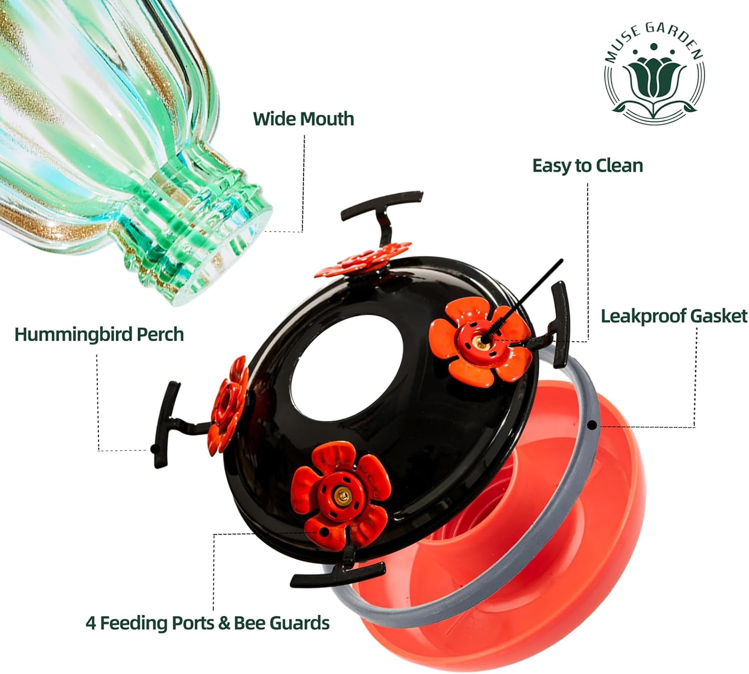 Muse Garden Solar Hummingbird Feeders for Outdoors Hanging, 38oz Hand Blown Glass Humming Bird Feeders for Garden Decor, Moms Birthday Unique, Green