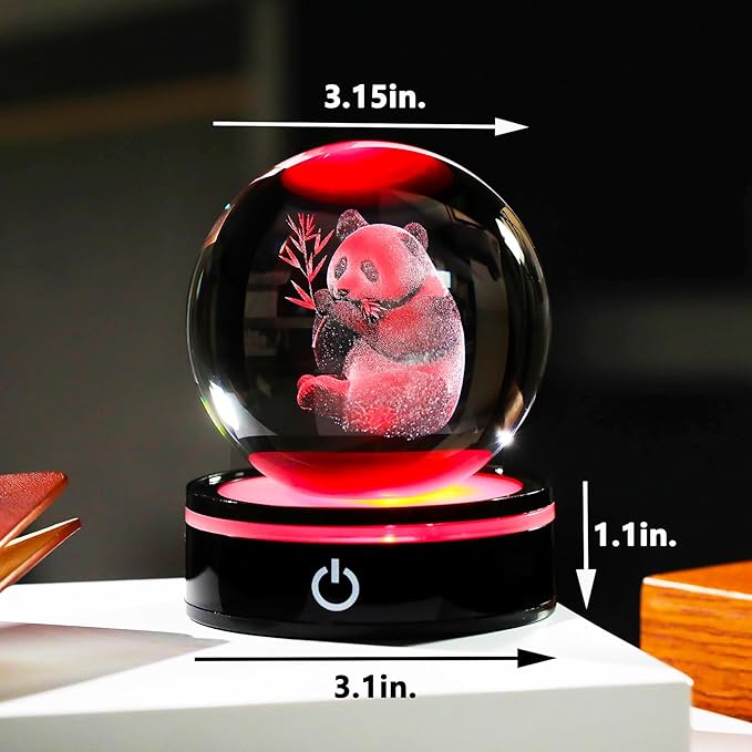 YWHL 3D Panda Figurine Crystal Ball with Colorful Light Base, Panda Gifts for Women Men on Christmas Birthday, 3D Laser Engraved Full Sphere Glass Decorative Ball for Home Office (80mm)