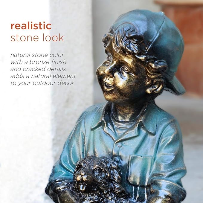 Alpine Corporation 16" Tall Indoor/Outdoor Girl and Boy Sitting on Bench with Puppy Statue Yard Art Decoration