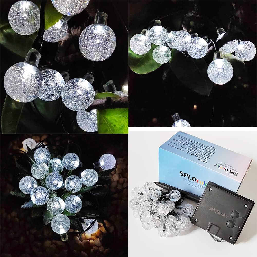 Solar String Lights Outdoor, 20ft Waterproof 30 LEDs 8 Modes Crystal Globe Solar String Fairy Lights Backyard Patio Christmas Lights for Holiday Party Gardens Backyard Wedding (White)
