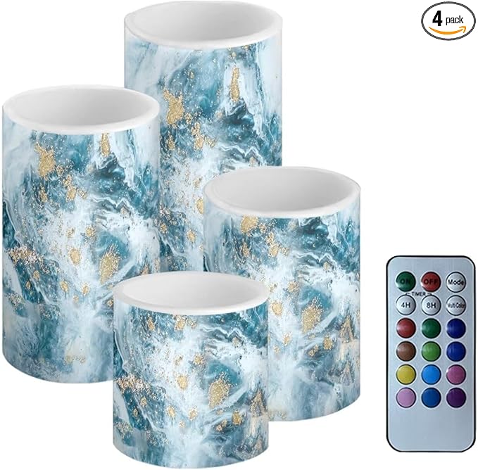 Flameless LED Battery Candles Pack of 4 Waterproof Pillar Candles Tealights with 18-Key Timer Remote Colorful Lights for Indoor Outdoor Home Outdoor Wedding Decor, Blue Gold Marble