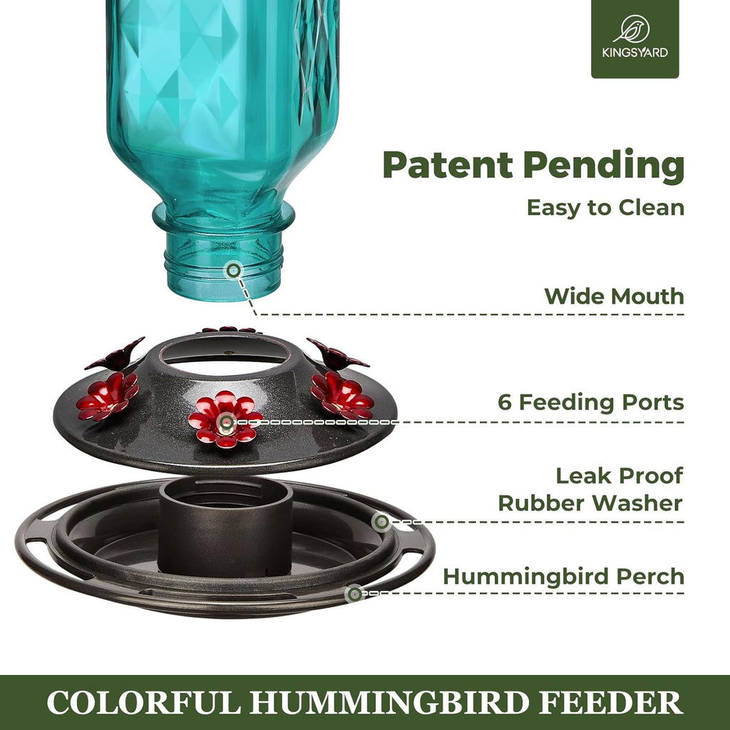 Kingsyard Glass Hummingbird Feeder for Outdoor Hanging, 24 Ounces, 6 Feeding Ports, Bird Nectar Feeder for Garden Décor, Ant Moat Included, Turquoise