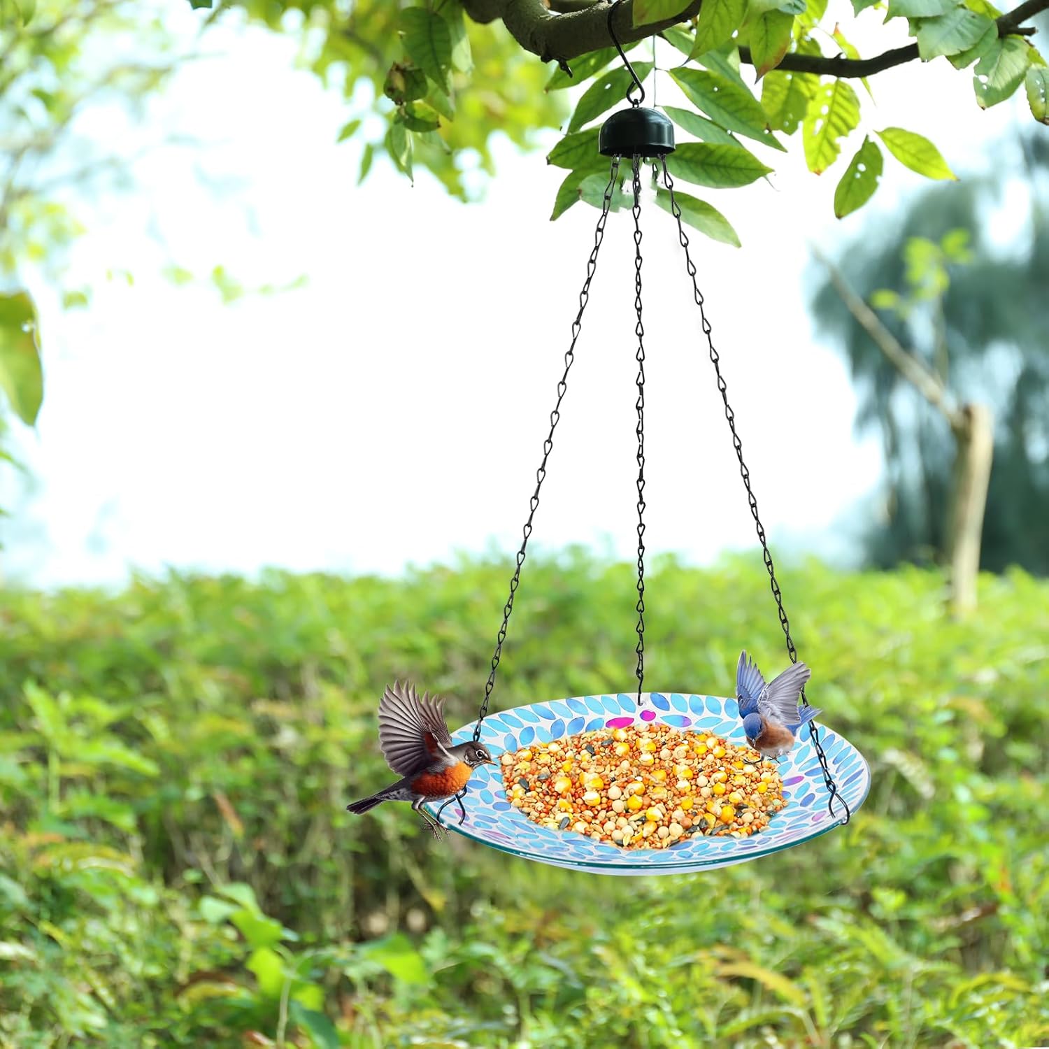 MUMTOP Mosaic Hanging Bird Bath-Bird Baths for Outdoors - 12 Inch Glass Bird Water Bowl Bird Feeders for Outside, Garden, Lawn Yard Decor（Blue）
