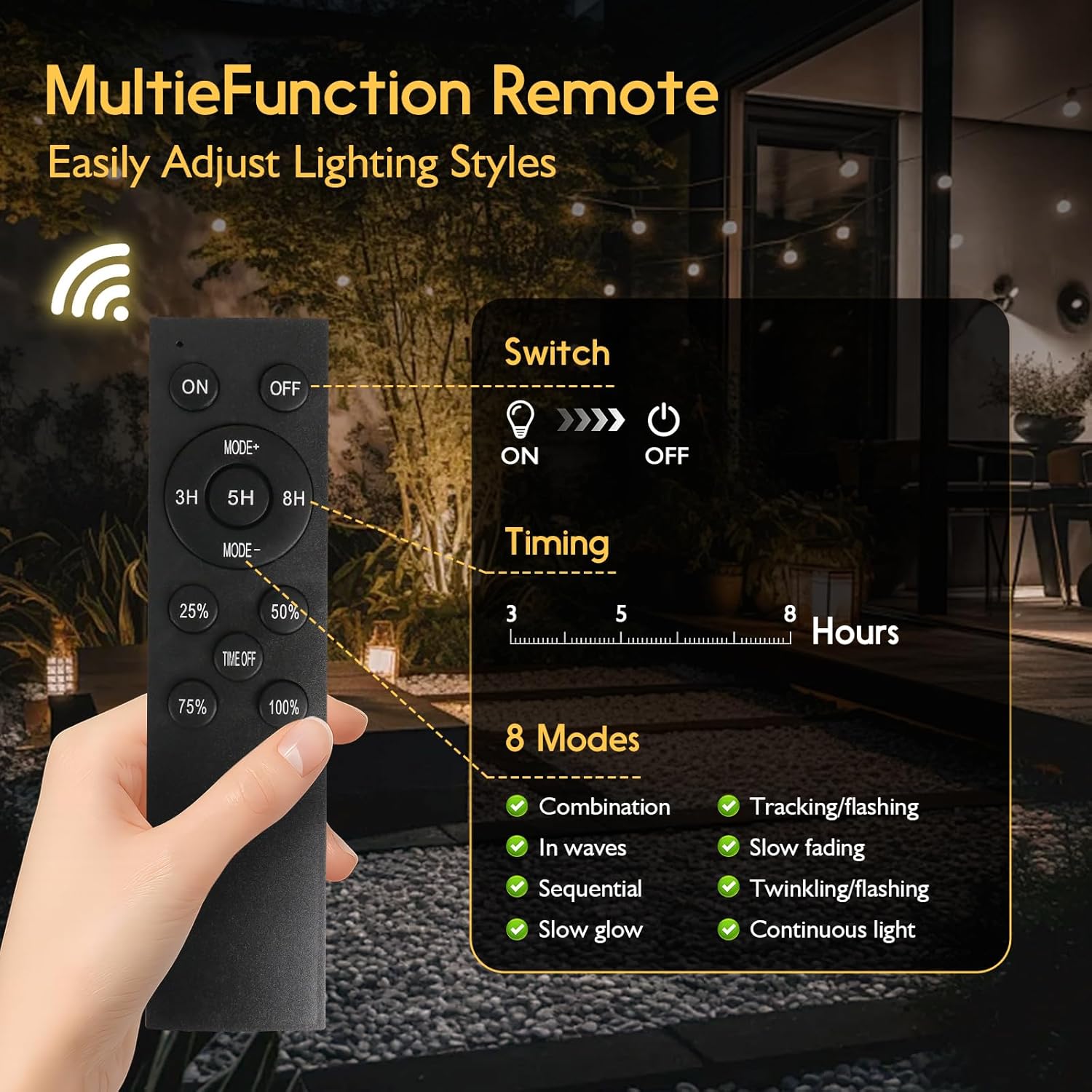 S14 Solar String Lights Outdoor with Remote 100 FT, USB & Solar Dual Charging, Waterproof, 8 Modes 3 Timers, 34+3 LED Shatterproof Bulbs, Dimmable Solar Light for Camping Backyard Bistro Porch Garden