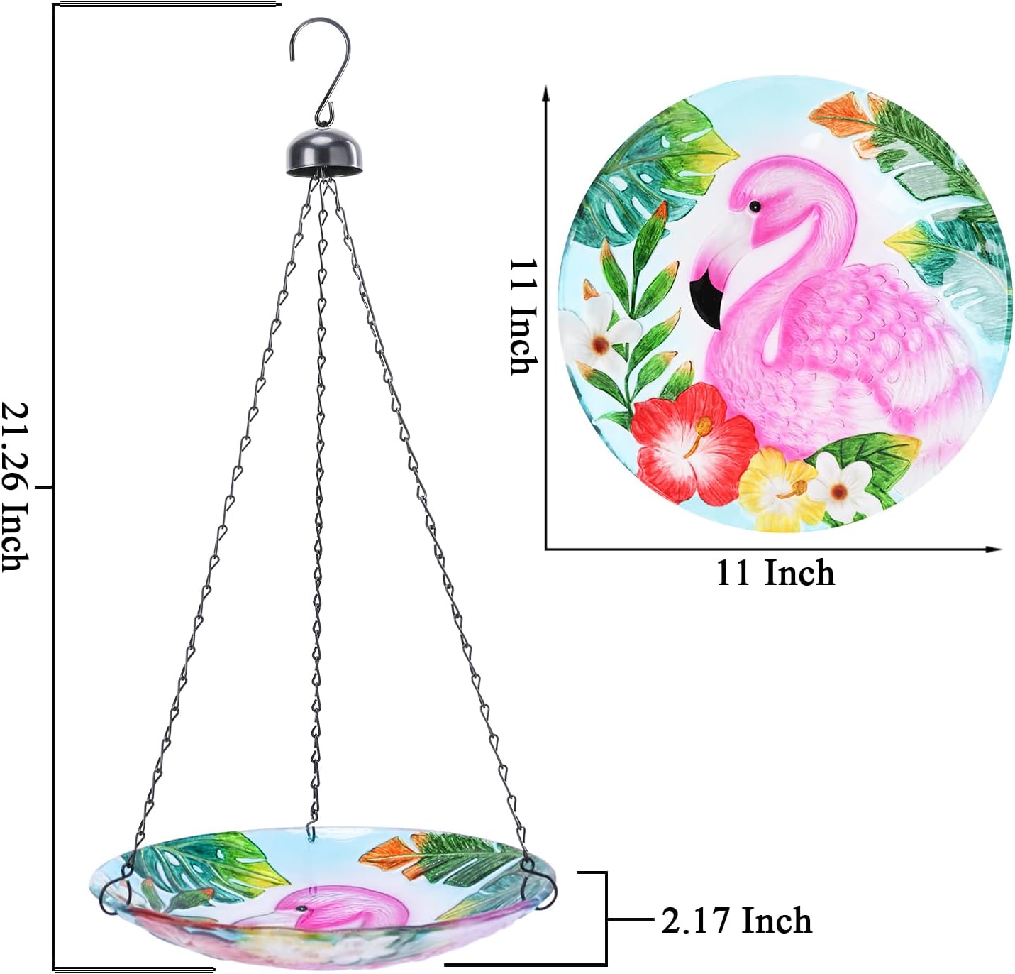 VCUTEKA Glass Hanging Bird Bath for Outdoors, BirdBaths with 21-Inch Rust-Proof Chain, Garden Yard Decor, Flamingo Pattern