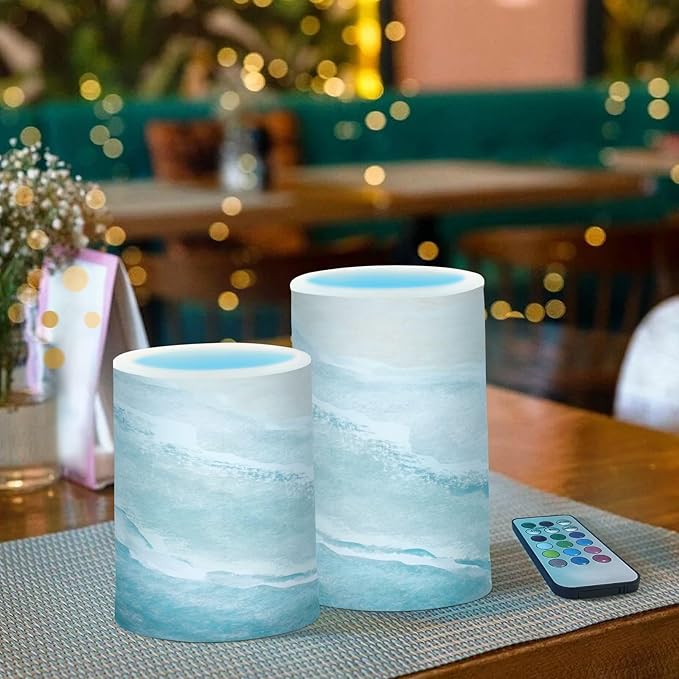Flickering Flameless Candles, Bohemian Beach LED Candles with Remote Timer, Set of 2 Battery Operated Candle for Valentine Wedding Birthday