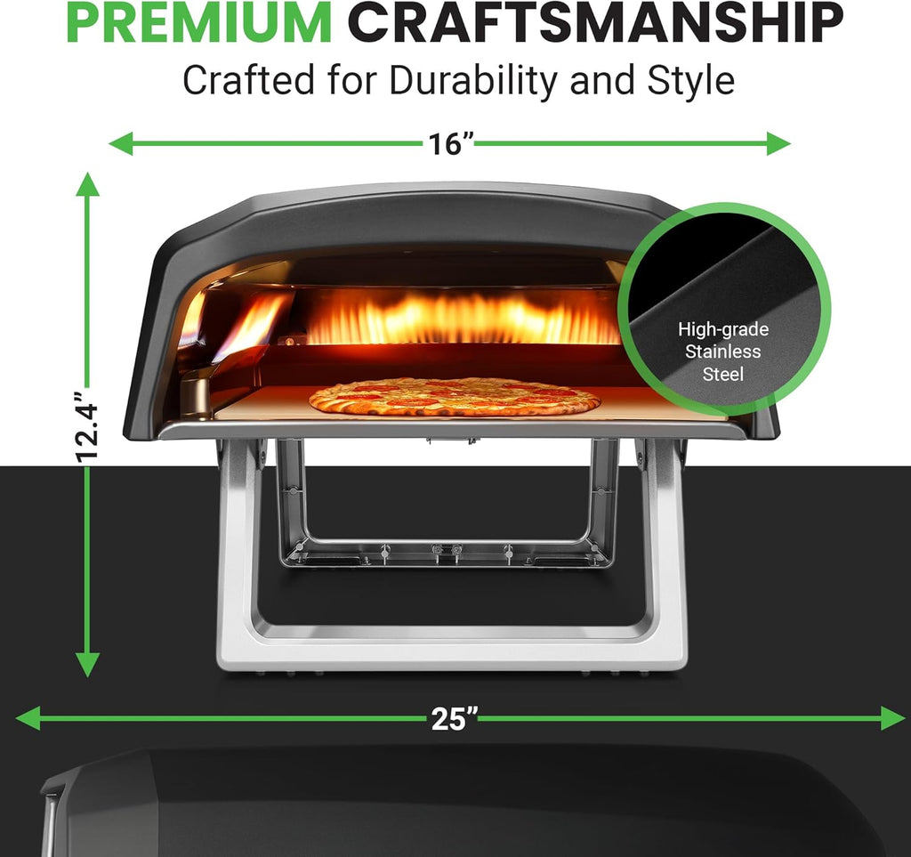 NutriChef Portable Outdoor Gas Pizza Oven - Includes Foldable Feet, Adjustable Heat Control Dial, Burner, Stone & Regulator Hose - Cooks 12" Pizza in 60 Seconds - 25.24'' x 16.14'' x 12.40'' IN