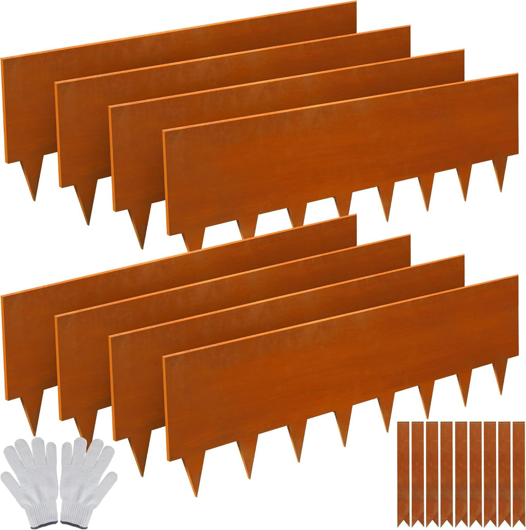 Solution4Patio 8-Pack Corten Steel Garden Landscape Edging with 9X Clips, 10" H Hammer-in Heavy Duty Bendable Metal Pre-Rusted Border Edging Strips for Lawn, Yard (26ft Total)