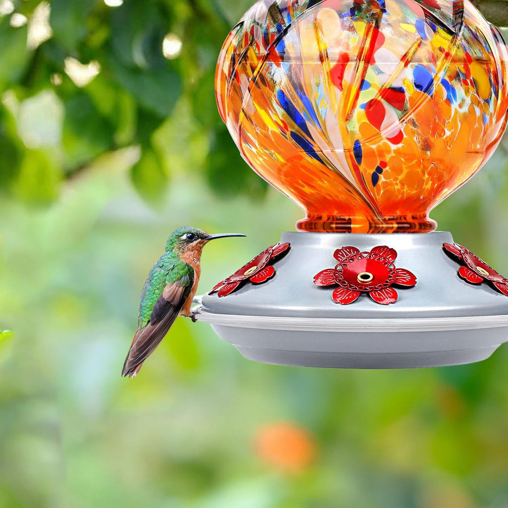BOLITE Hummingbird Feeder, Hand Blown Glass Hummingbird Feeders for Outdoors Hanging, with Ant Moat and 5 Feeding Ports, 22 Ounces, Peony Flower Shape, Orange, Gifts for Women Men, Gifts for Mom Dad