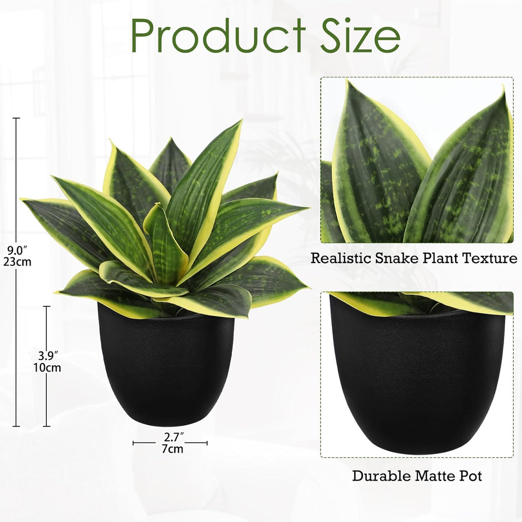 Hollyone Artificial Snake Plants 9" Faux Agave Succulent Plant Potted in Black Pot Fake Sansevieria Aloe Tropical Plant for Desk Modern Office Home Bathroom Indoor Outdoor Decor