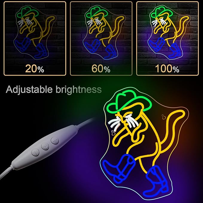 WLHOPE Cowboy Cat Neon Sign Neon Signs for Wall Decor Dimmable Cat Neon Lights Cowboy Hat Boot LED Sign for Bedroom Home Bar Club Party Western Decor