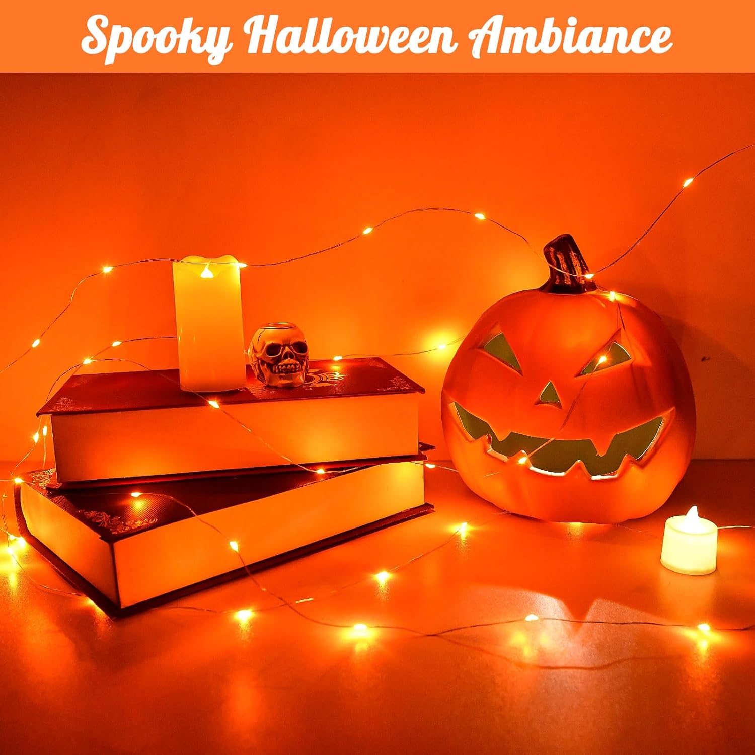 Halloween String Lights Outdoor Waterproof, Orange Solar Fairy Lights 16.4ft 50LED 8 Modes Orange Fall Outdoor Lights for Fall Decor Outside Pathway Patio Party Backyard Decorations