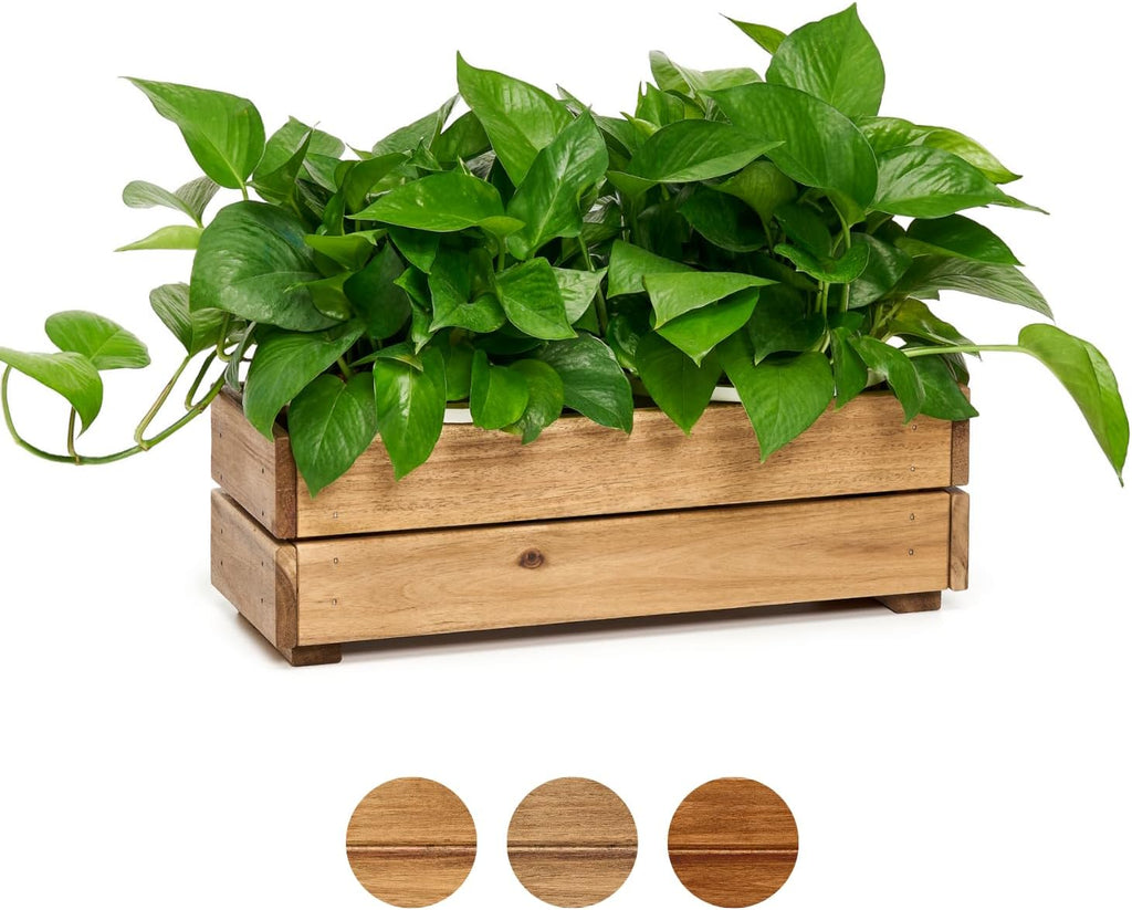 Wooden Planter Box, Storage Box 17”L x6”W x5.5”H with Crate Style, Acacia Wood Flower Container, Rustic Rectangle Planter for Planting, Decor and Storage - 3 Colors (Golden Teak)