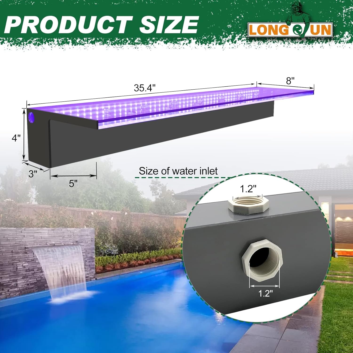 LONGRUN Acrylic Waterfall Spillway Multi-Color LED Light Pool Fountain, Water Spillway Outdoor Koi Pond Waterfalls Fountains Kit for Garden Koi Ponds Patio Swimming Pool Decoration-35.4"