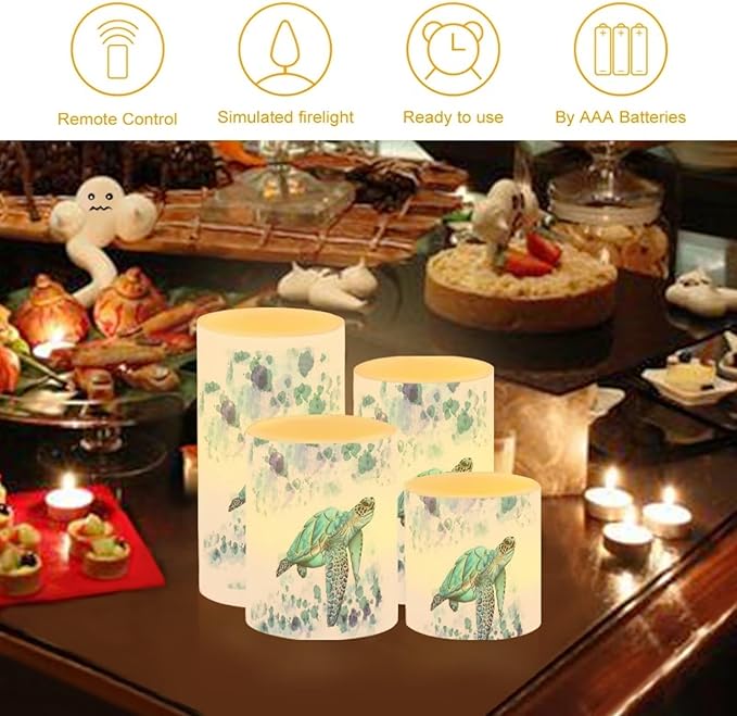 Flameless LED Candles Electric Candle Set with Remote Timer Color Changing Control Long Lasting for Table Centerpiece Home Indoor Decoration Pack of 4, Blue Sea Turtle