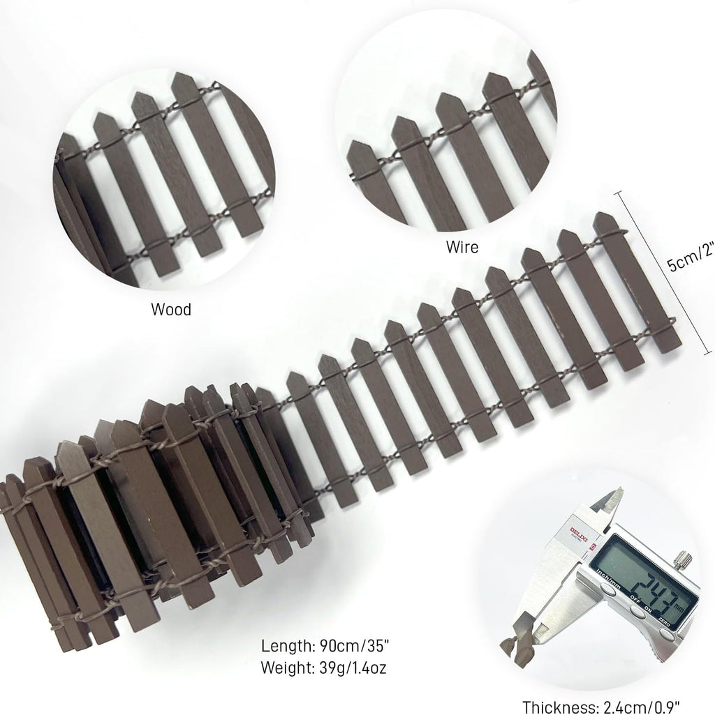 35 Inches Mini Fairy Garden Fence DIY Small Wood Decorative Picket Fence Micro Landscape Miniature Ornaments for Dollhouse, Crafts, Diorama Project, Plant Pot, Brown