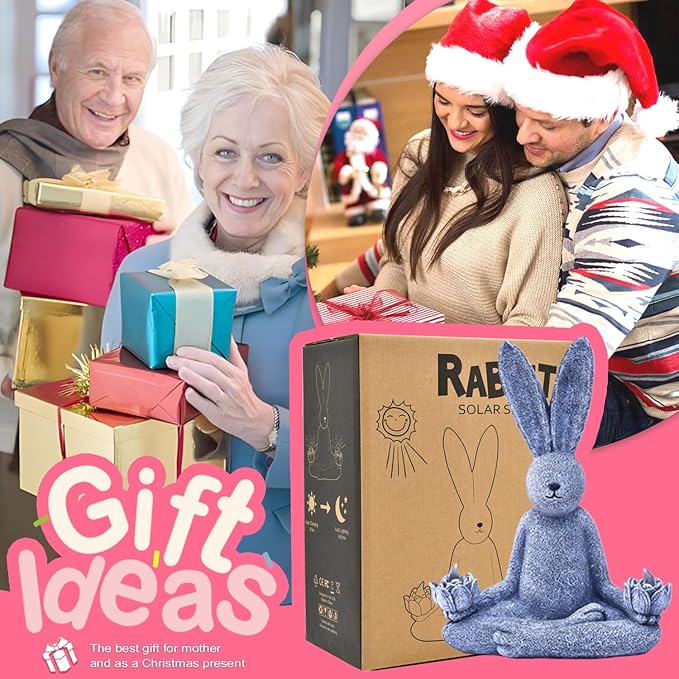 Goodeco Zen Rabbit Statue with Solar Lotus - Garden Yoga Bunny with LED Solar Lotus Lights, Sitting Meditating Buddha Rabbit Serene Resin Figurine for Patio Yard Lawn Ornaments, Home or Outside