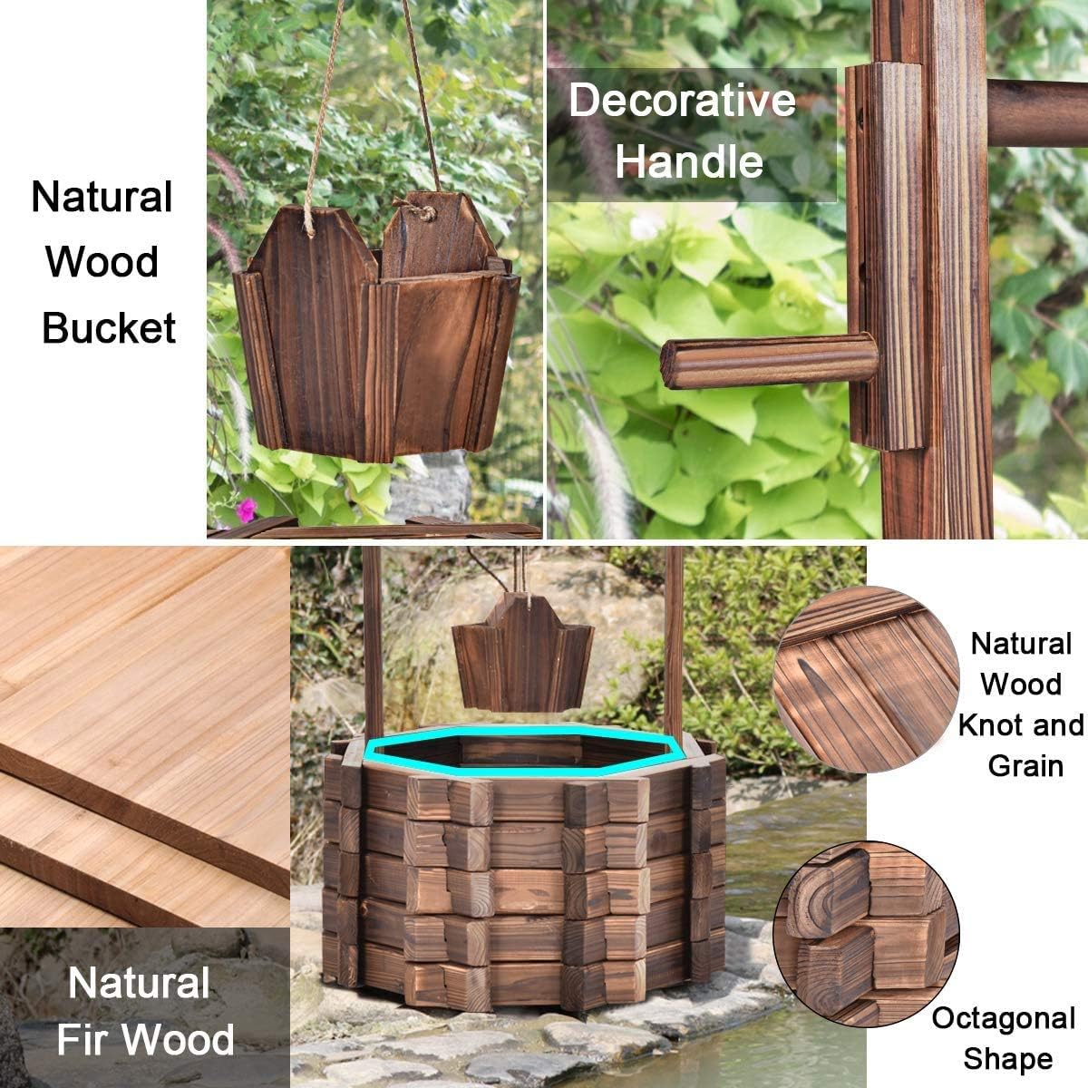 ReunionG Outdoor Wooden Wishing Well Garden Planter with Hanging Flower Bucket for Patio Garden Home Decor