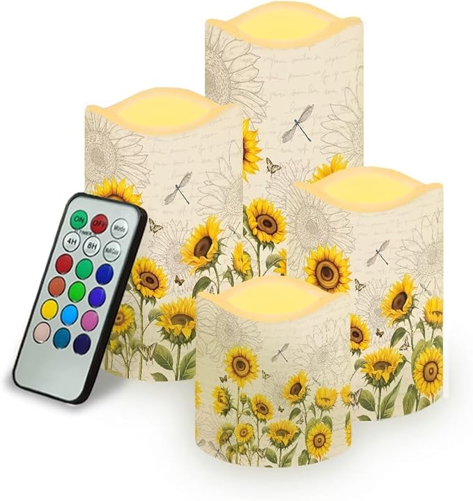 Ystardream Elegant Sunflower Flameless Candles Color Changing LED Candles with Remote Control Battery Candles for Outdoor and Indoor Home and Room Decoration,Backpack Set of 4 Piece