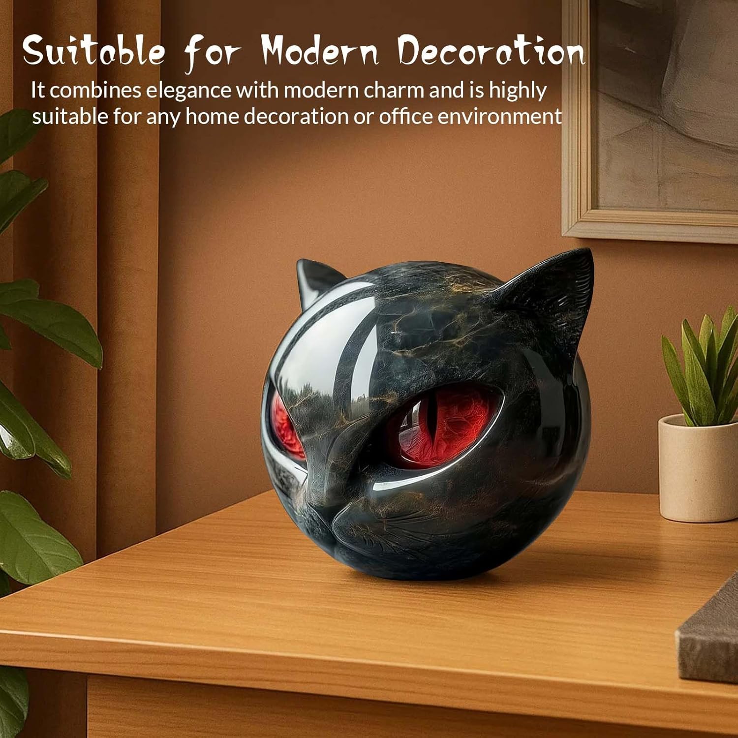 Luxury Black Cat Stone Sculpture Handcrafted Marble Look Resin Statue with Amber Eyes Elegant Home Decor & Gift-Ready Art Piece Figurine Carved Healing Gifts for Cat Lovers (Red Eyes)