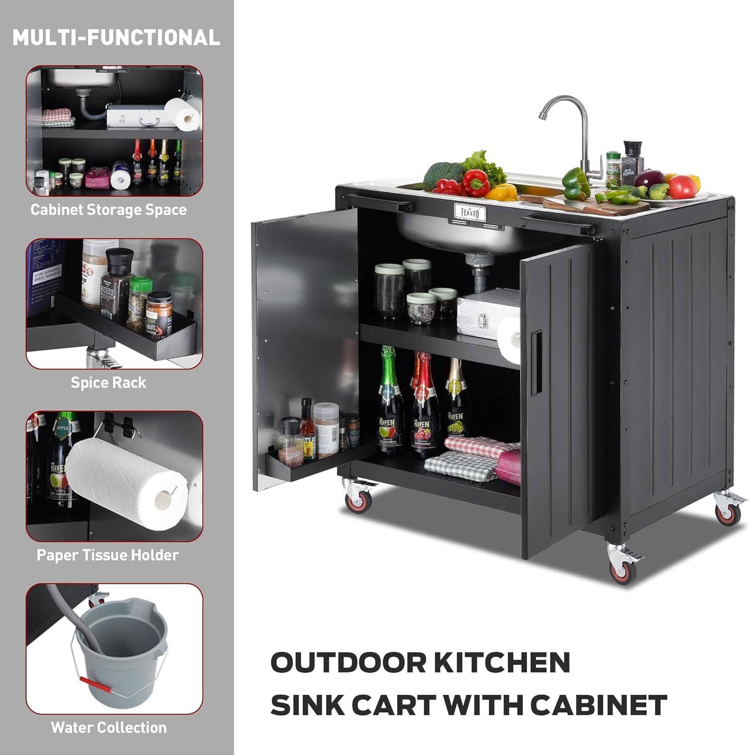 Freestanding Grill Cart with Sink and Cabinet, Movable Outdoor Cart Table with 304 Stainless Steel Sink, Outdoor Grill Cart,Outdoor Grill Station with Wheels, L35.4” x W24”