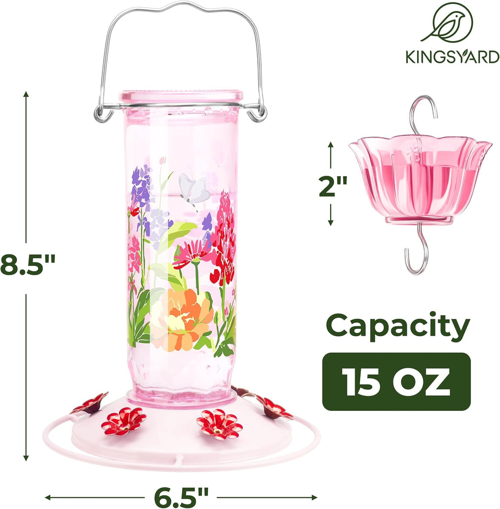 Kingsyard Hummingbird Feeder for Outdoor Hanging - Charming Patterned Glass Humming Bird Feeder with 6 Feeding Ports and Ant Moat, Ideal Gift Choice for Bird Lovers, Pink