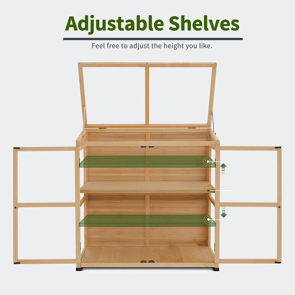 Macrout Wooden Cold Frame Greenhouse Cabinet Kit with Adjustable Shelf and Lockable Door, Fully Transparent Polycarbonate Greenhouse for Outdoor Indoor Use, 0718