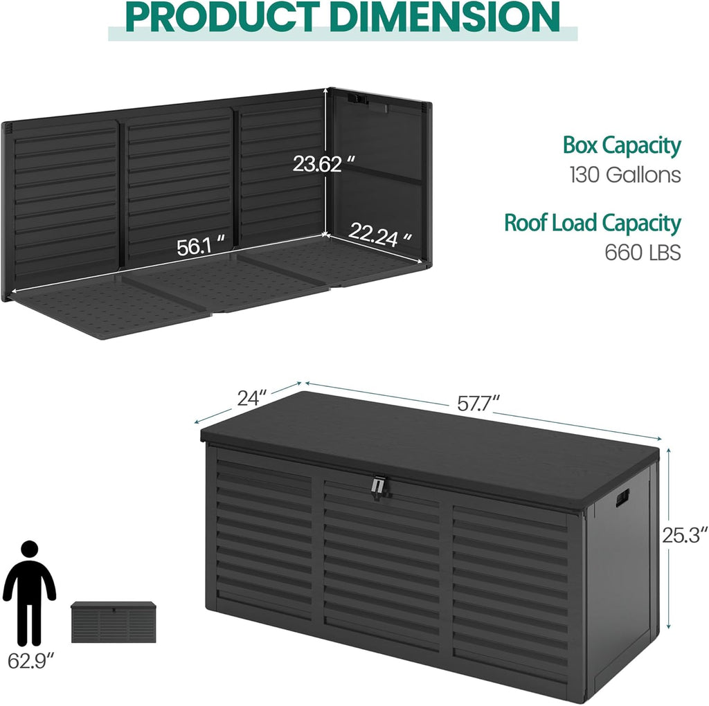 130 Gallon Outdoor Deck Box, Waterproof Resin Box with Lockable Lid, UV-Resistant for Cushions, Garden Tools & Pool Accessories (BLACK), Patio Furniture