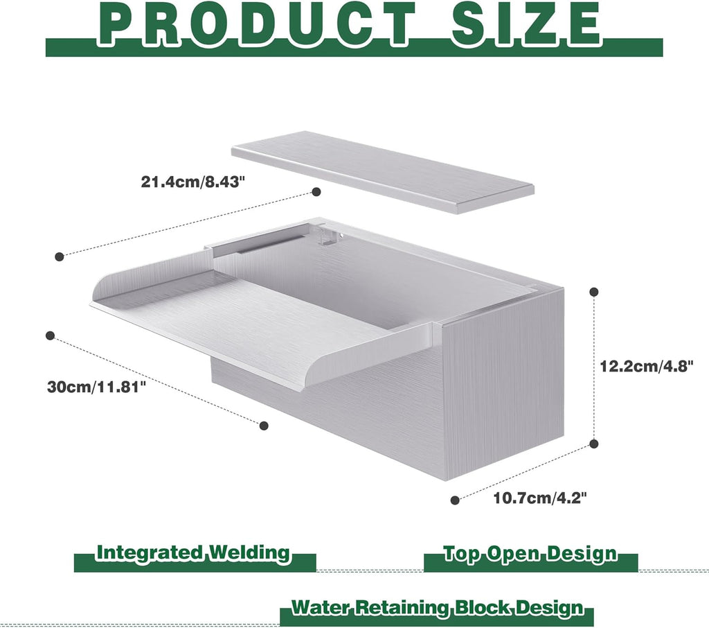 Pond Waterfall Spillway LONGRUNNEW 304 Stainless Steel 11.8" Rectangular Waterfall Spillway, Water Fall Fountain with Pipe Connector for Garden Outdoor, Swimming Pools, Fountains, Pond and Spa