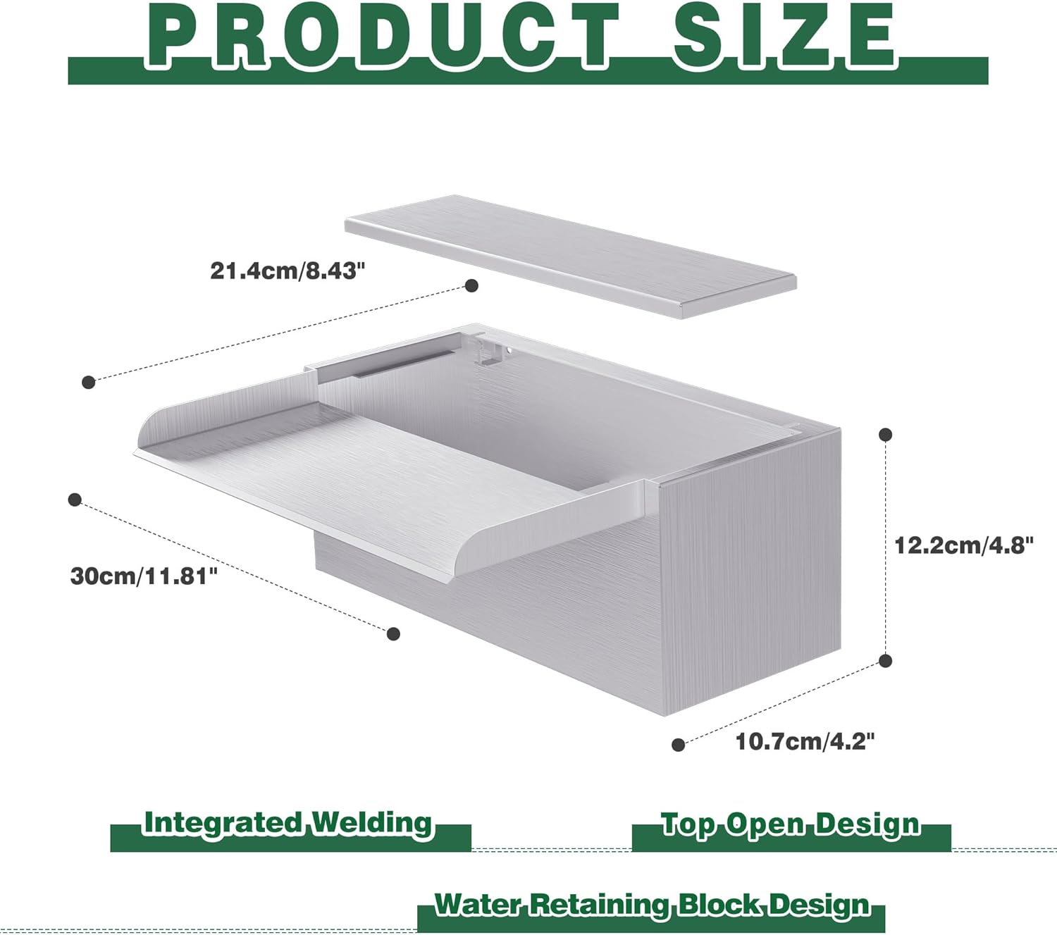 Pond Waterfall Spillway LONGRUNNEW 304 Stainless Steel 11.8" Rectangular Waterfall Spillway, Water Fall Fountain with Pipe Connector for Garden Outdoor, Swimming Pools, Fountains, Pond and Spa